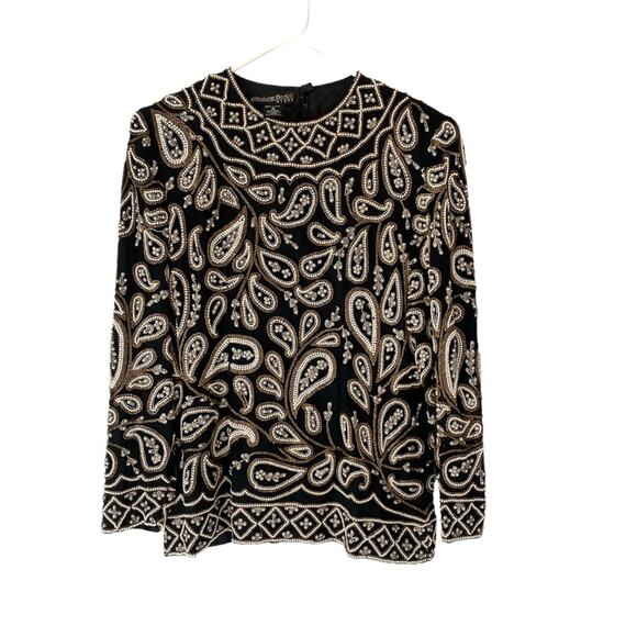Carolyne Barton Nights Sequin Pearl Beaded Black Silk Lined Blouse size medium - Picture 1 of 13
